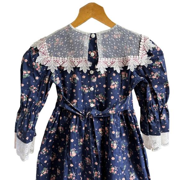 VTG 80s JINELLE Lace Collar Lace Trim Floral Garden Party Dress in Navy SZ 6 - Picture 6 of 12